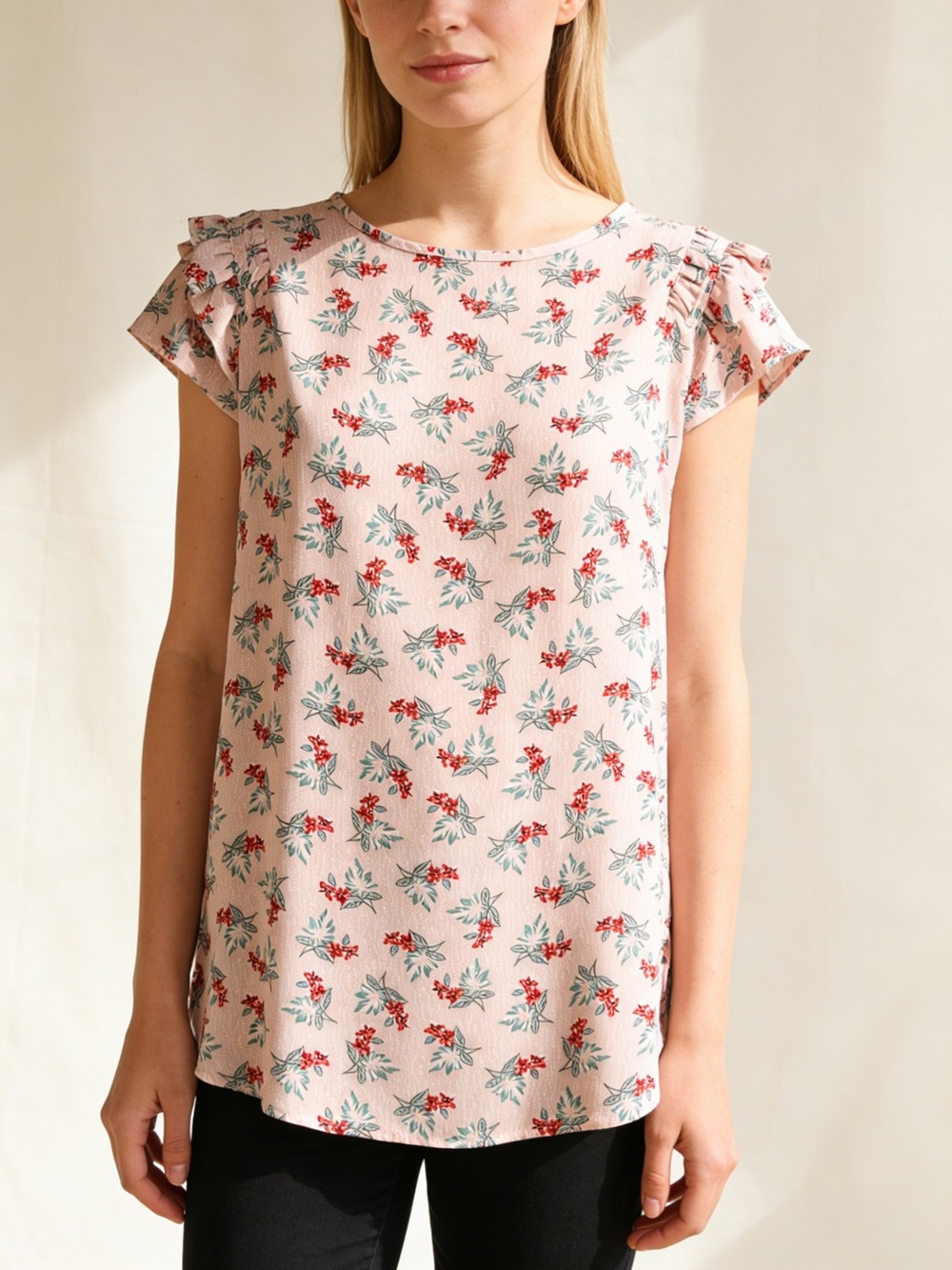 LOFT Floral Ruffle Sleeve Blouse XS Pink Boho Lightweight Top